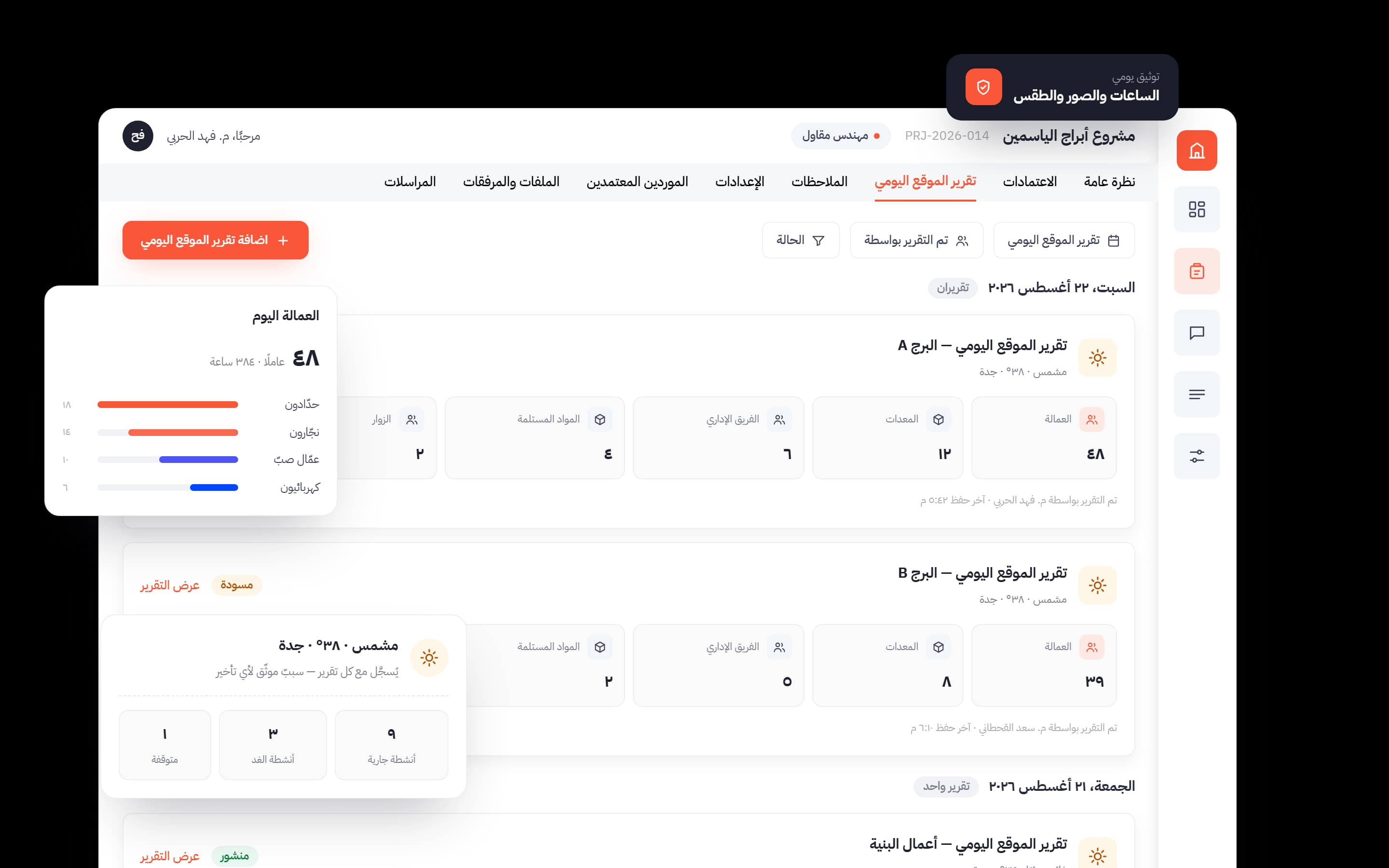 تفاصيل التقرير اليومي في ربائد: الطقس والموقع، جدولا الفريق الإداري والعمالة بالعدد والساعات، والأنشطة والصور