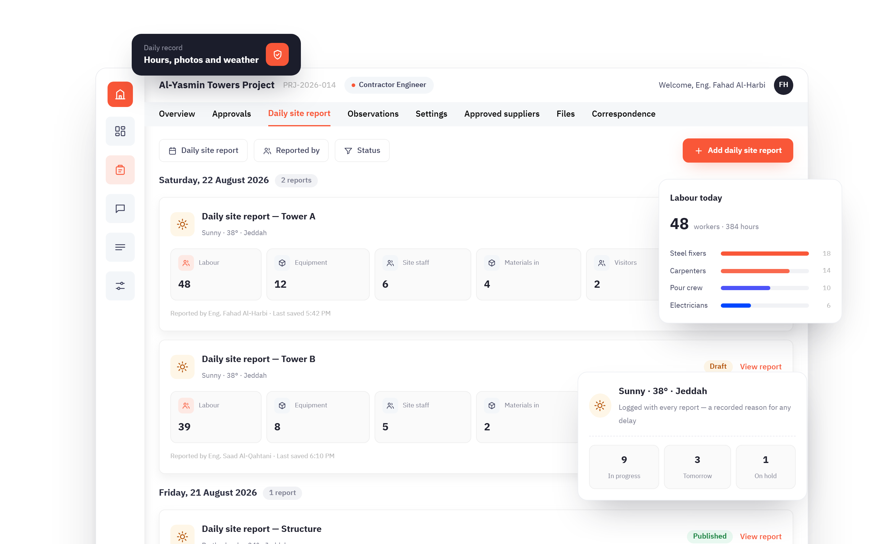 A daily report in Rabaed: weather and site, the site staff and labour by headcount and hours, and the activities and photos