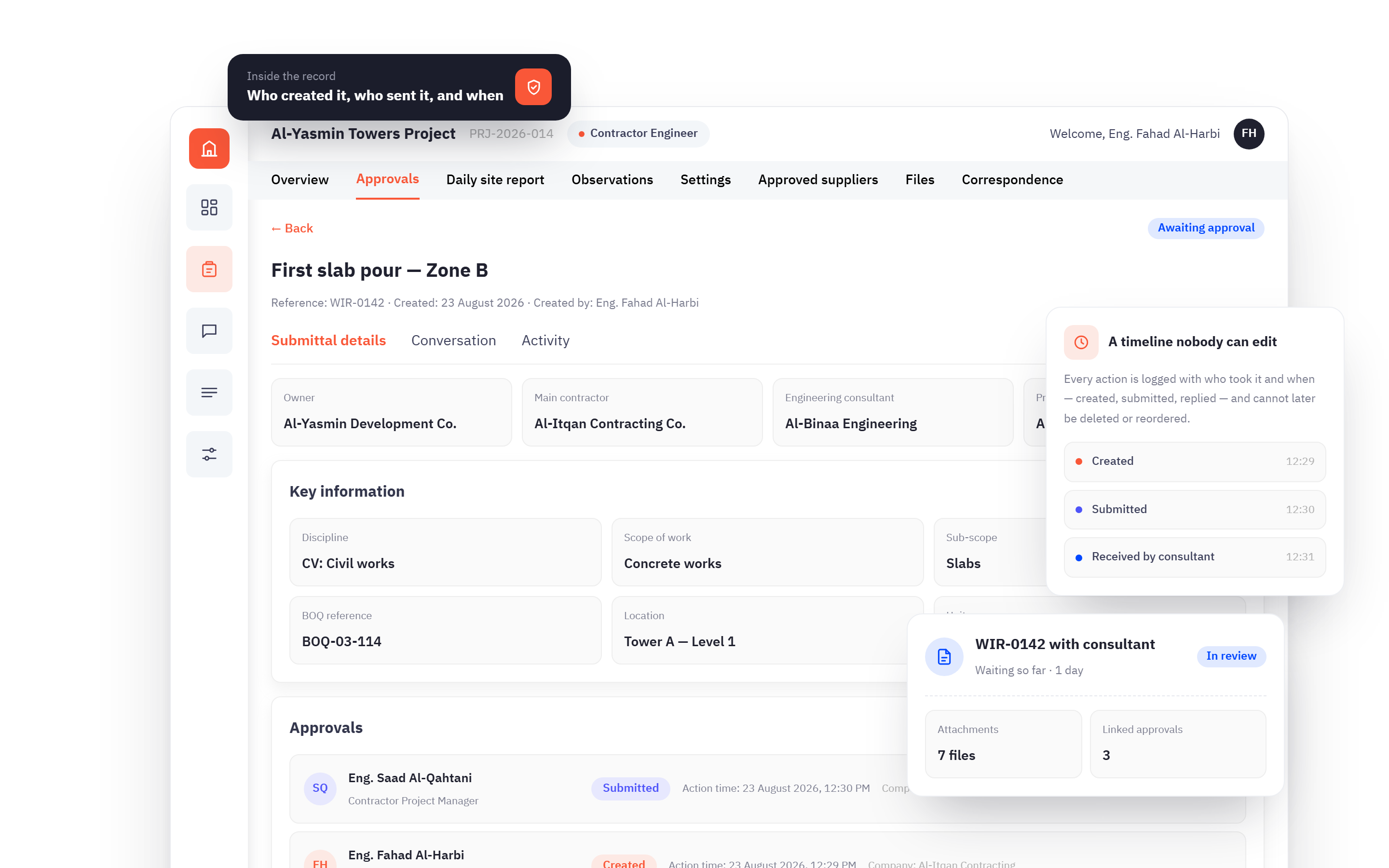 What the contractor sees in Rabaed: the request’s details, and approvals naming everyone who acted and when